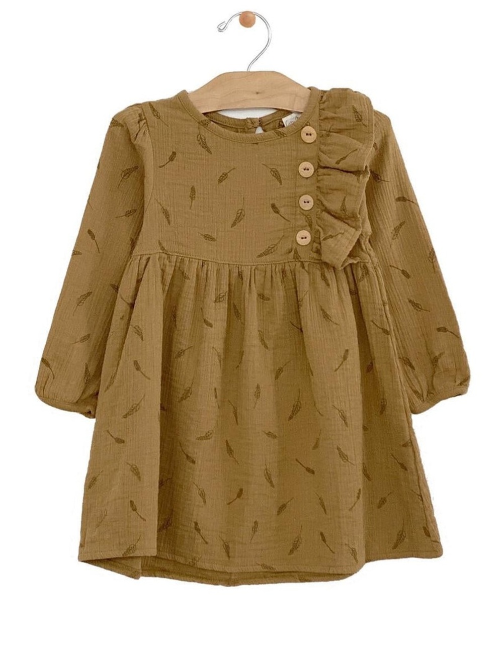 City Mouse Button Girl’s Dress Size 3 Crinkle Cotton  Long Sleeve Wheat